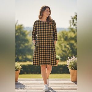 Seasalt Cornwall Martingale Tunic Dress Size 10 Yellow Navy Check 3/4 Sleeve